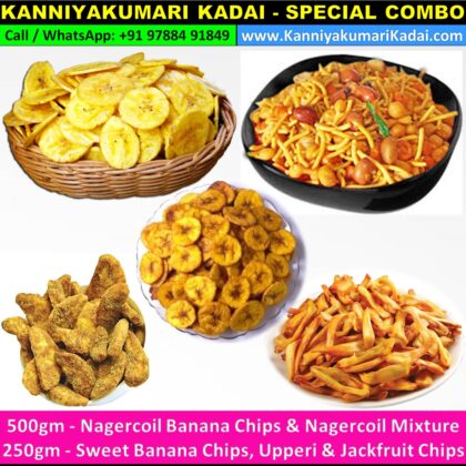 KK Special Combo ( 500gm Nagercoil Banana Chips & Mixture + 250gm Jackfruit Chips , Sweet Banana Chips & Upperi )